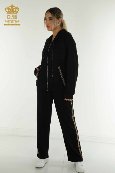 Wholesale Women's Tracksuit Set Black with Stone Embroidery - 17578 | KAZEE - 1