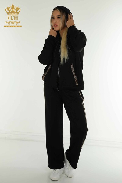 Wholesale Women's Tracksuit Set Black with Stone Embroidery - 17578 | KAZEE - 2