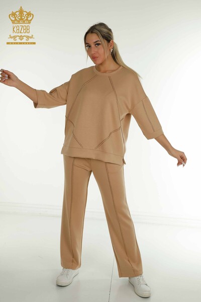 Wholesale Women's Tracksuit Set Stone Embroidered Camel - 17657 | KAZEE - Kazee