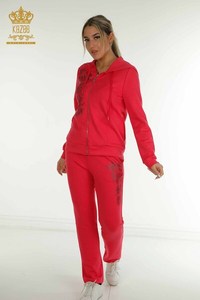 Kazee - Wholesale Women's Tracksuit Set Stone Embroidered Fuchsia - 17560 | KAZEE