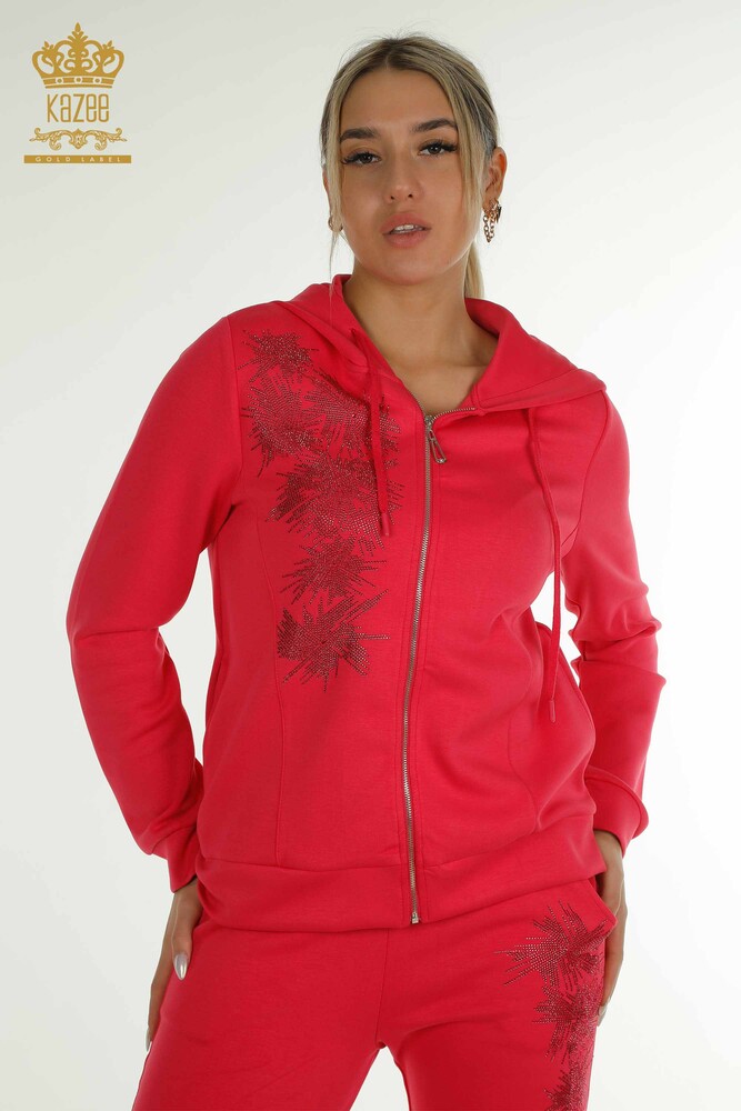 Wholesale Women's Tracksuit Set Stone Embroidered Fuchsia - 17560 | KAZEE - 3