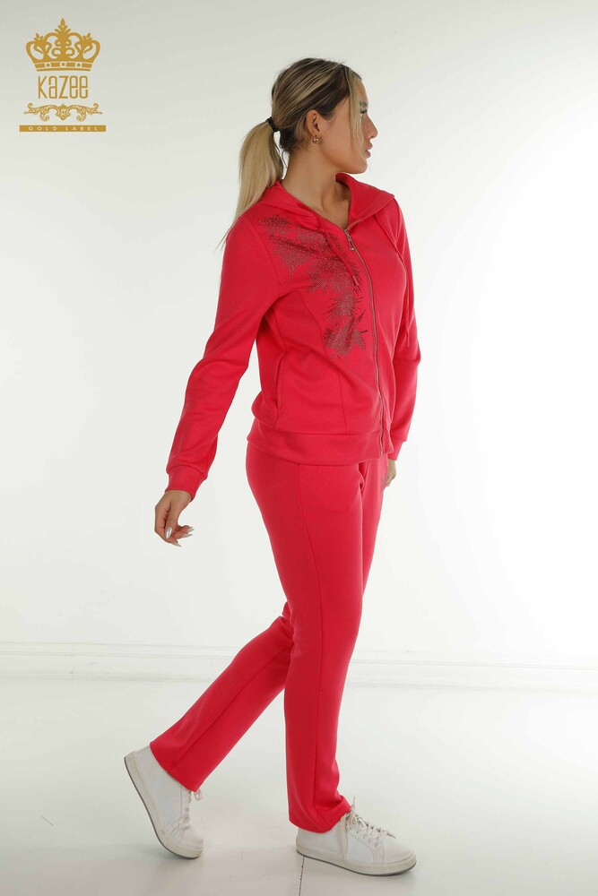 Wholesale Women's Tracksuit Set Stone Embroidered Fuchsia - 17560 | KAZEE - 4