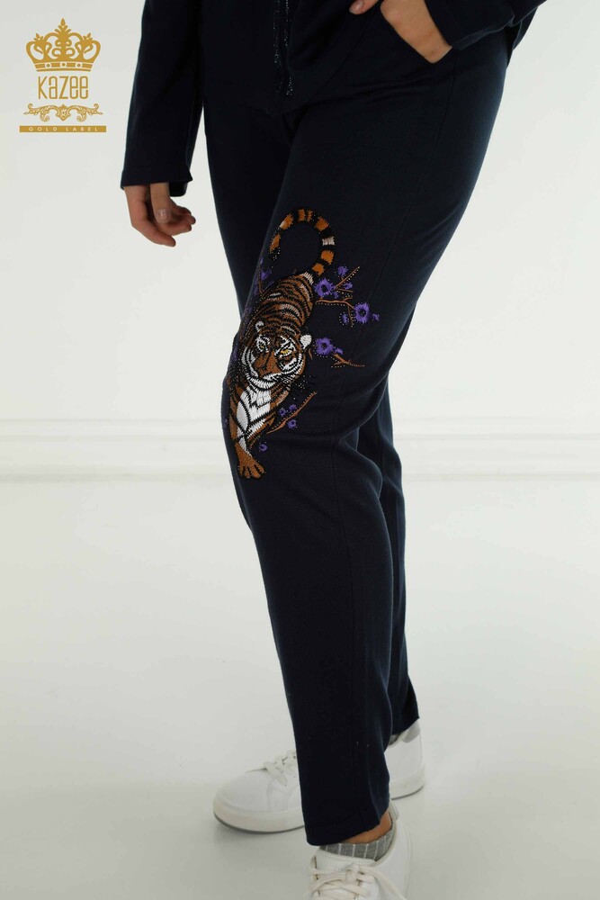 Wholesale Women's Tracksuit Set Stone Embroidered Navy Blue - 16662 | KAZEE - 7