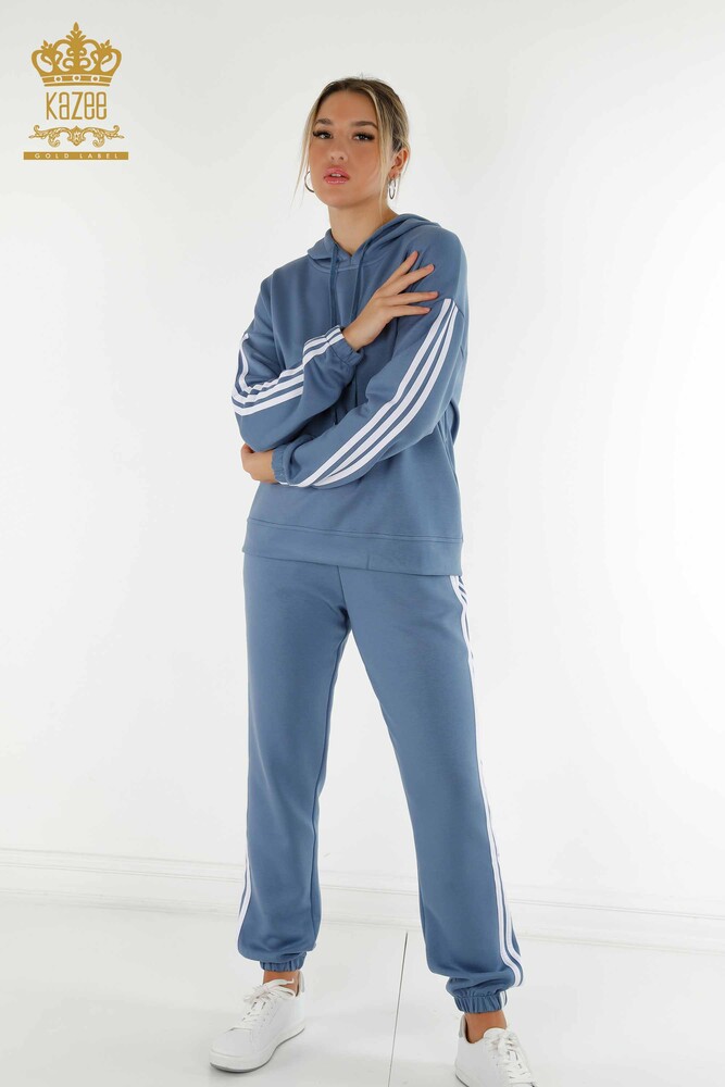 Wholesale Women's Tracksuit Set Striped Hooded Indigo White - 17567 | KAZEE - 1