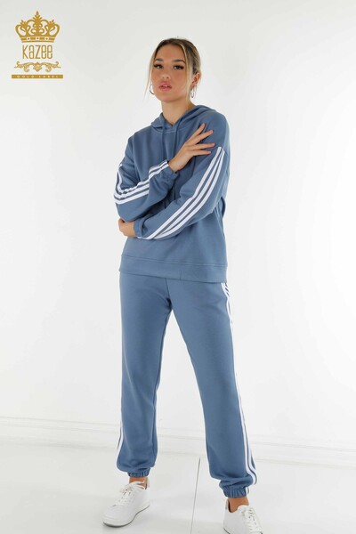 Wholesale Women's Tracksuit Set Striped Hooded Indigo White - 17567 | KAZEE 