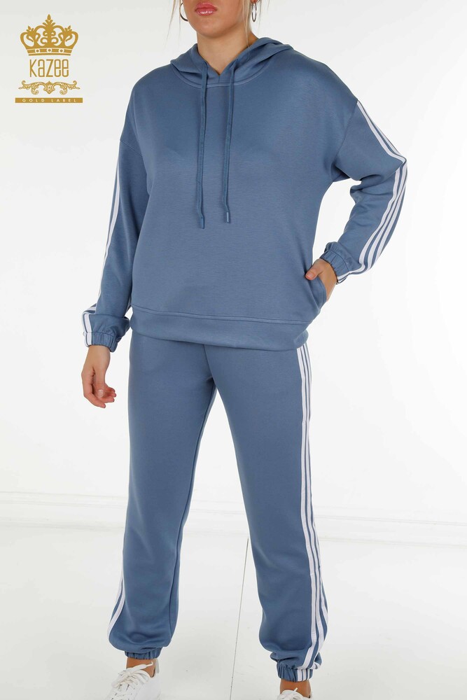 Wholesale Women's Tracksuit Set Striped Hooded Indigo White - 17567 | KAZEE - 4