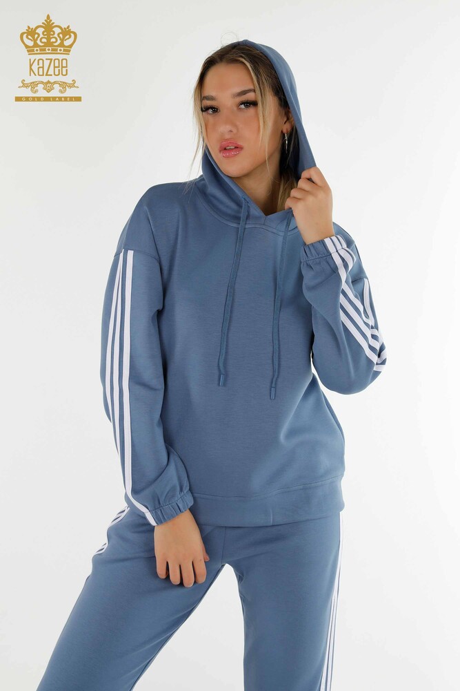 Wholesale Women's Tracksuit Set Striped Hooded Indigo White - 17567 | KAZEE - 3