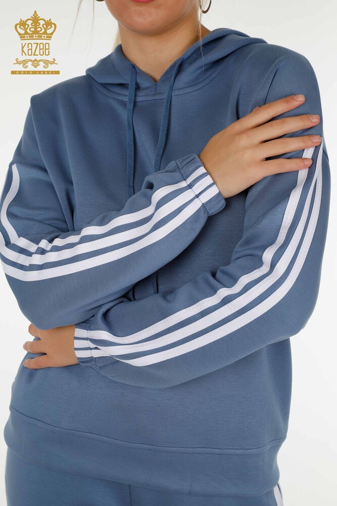 Wholesale Women's Tracksuit Set Striped Hooded Indigo White - 17567 | KAZEE - 7