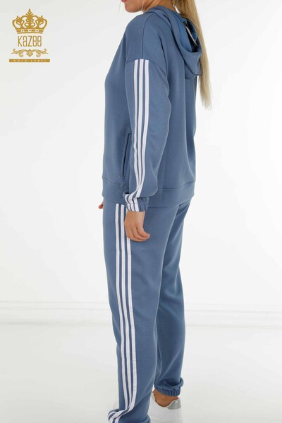 Wholesale Women's Tracksuit Set Striped Hooded Indigo White - 17567 | KAZEE - 8