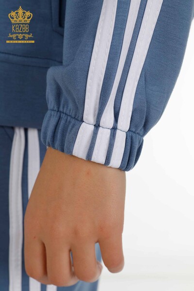 Wholesale Women's Tracksuit Set Striped Hooded Indigo White - 17567 | KAZEE - 10