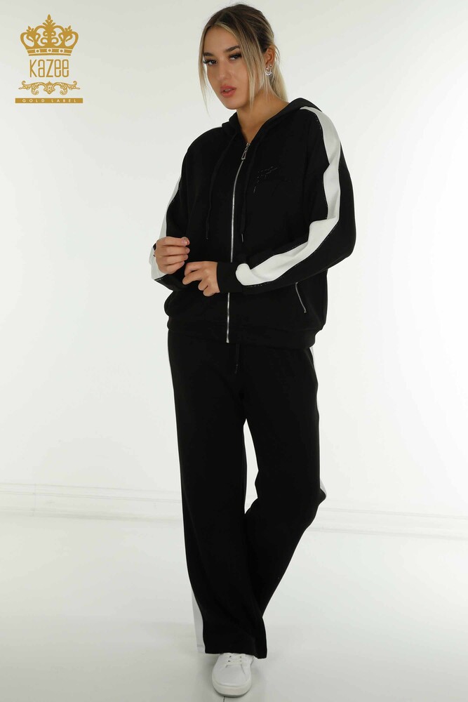 Wholesale Women's Tracksuit Set Two Colors Hooded Black Ecru - 17554 | KAZEE - 1