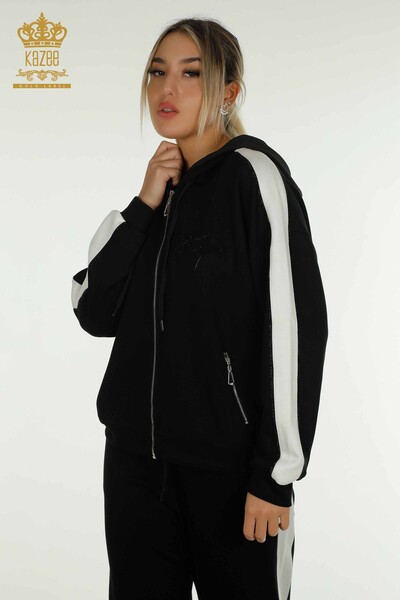 Wholesale Women's Tracksuit Set Two Colors Hooded Black Ecru - 17554 | KAZEE - 2