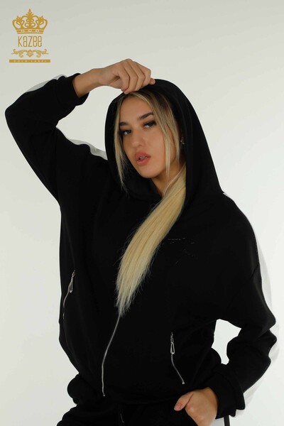 Wholesale Women's Tracksuit Set Two Colors Hooded Black Ecru - 17554 | KAZEE - 15