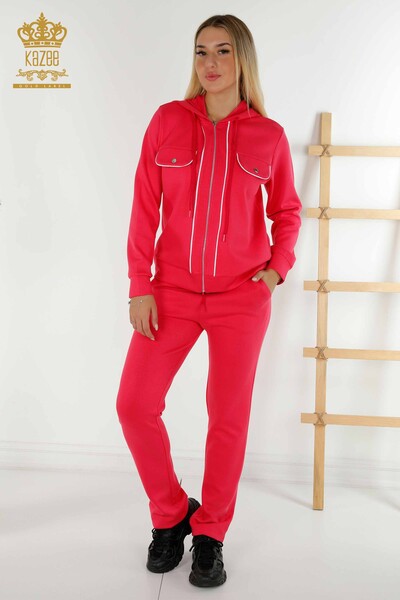 Wholesale Women's Tracksuit Set - Two Pocket Detailed - Fuchsia Ecru - 17595 | KAZEE 