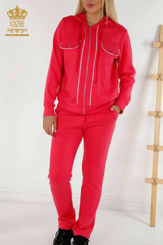 Wholesale Women's Tracksuit Set - Two Pocket Detailed - Fuchsia Ecru - 17595 | KAZEE - 4