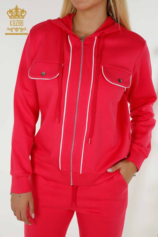 Wholesale Women's Tracksuit Set - Two Pocket Detailed - Fuchsia Ecru - 17595 | KAZEE - 5