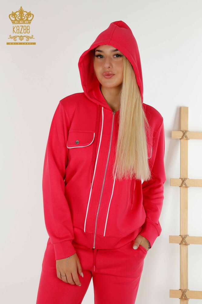 Wholesale Women's Tracksuit Set - Two Pocket Detailed - Fuchsia Ecru - 17595 | KAZEE - 2