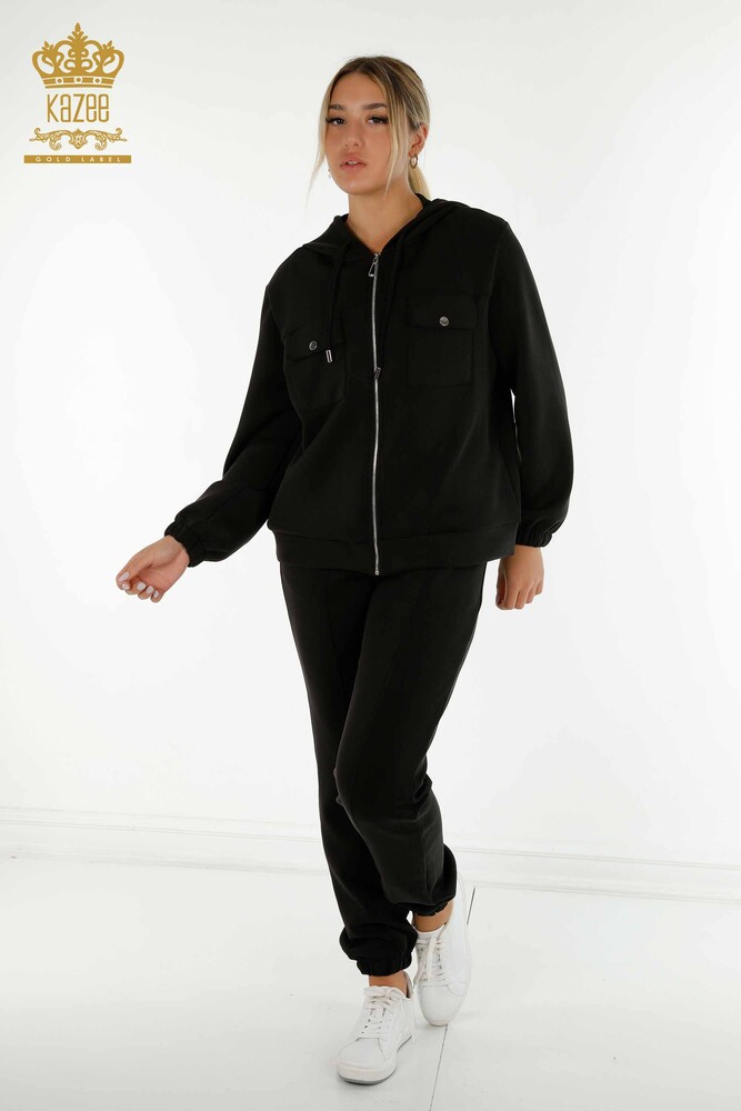 Wholesale Women's Tracksuit Set Zippered Buttoned Black - 17620 | KAZEE - 1