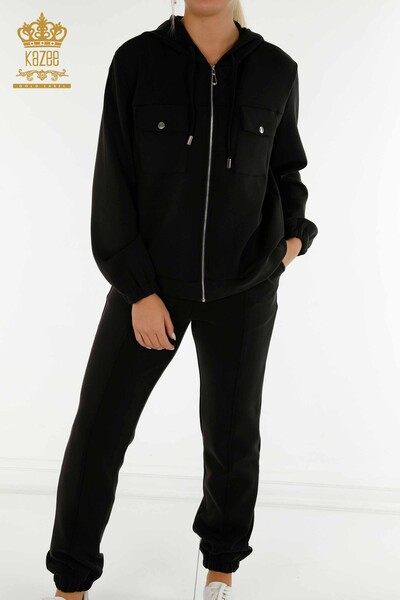 Wholesale Women's Tracksuit Set Zippered Buttoned Black - 17620 | KAZEE - 3