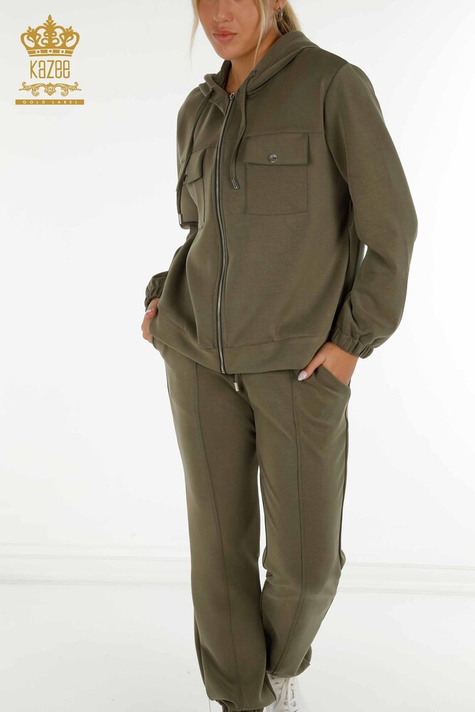 Wholesale Women's Tracksuit Set Zippered Buttoned Khaki - 17620 | KAZEE - 3