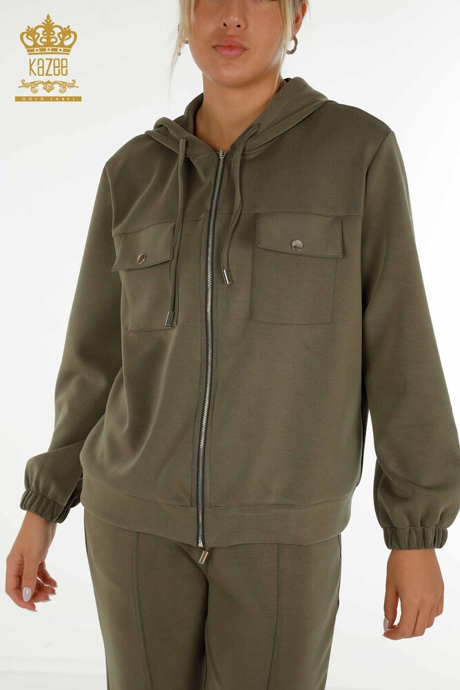 Wholesale Women's Tracksuit Set Zippered Buttoned Khaki - 17620 | KAZEE - 4