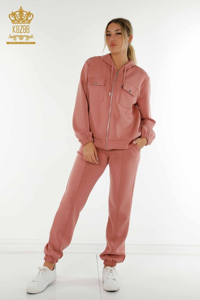 Wholesale Women's Tracksuit Set Zippered Buttoned Dusty Rose - 17620 | KAZEE - 1