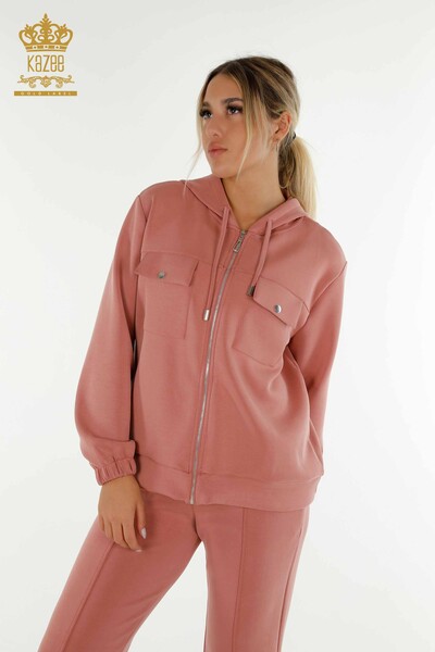 Wholesale Women's Tracksuit Set Zippered Buttoned Dusty Rose - 17620 | KAZEE - 3