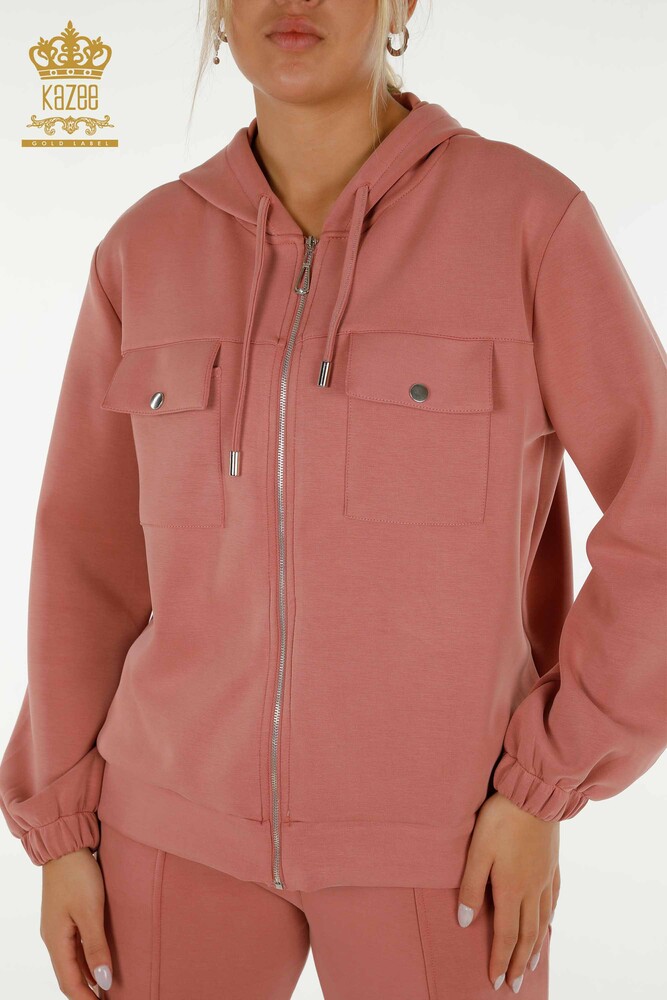 Wholesale Women's Tracksuit Set Zippered Buttoned Dusty Rose - 17620 | KAZEE - 4