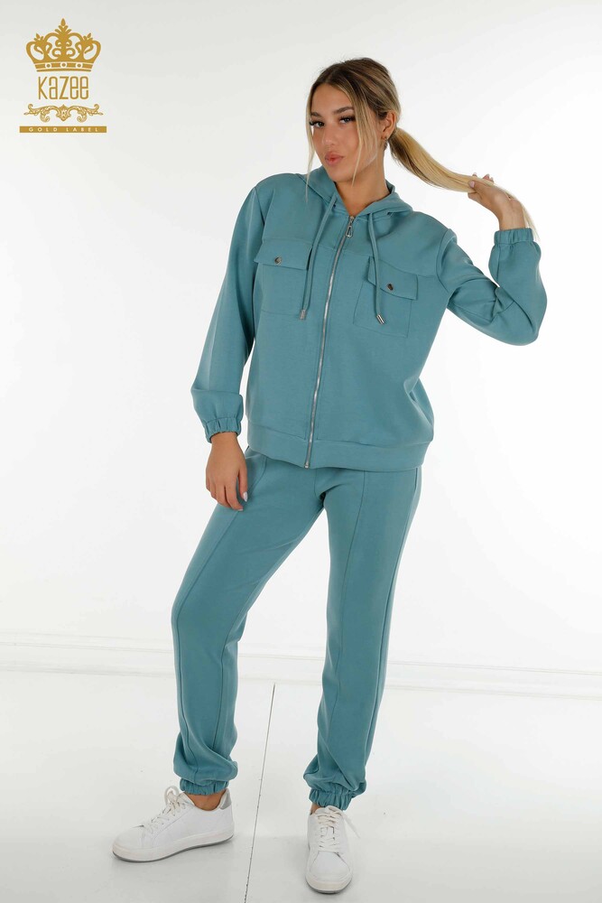 Wholesale Women's Tracksuit Set Zippered Buttoned Turquoise - 17620 | KAZEE - 1