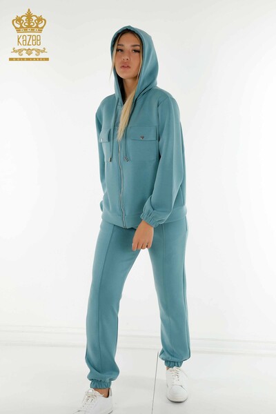 Wholesale Women's Tracksuit Set Zippered Buttoned Turquoise - 17620 | KAZEE - 2