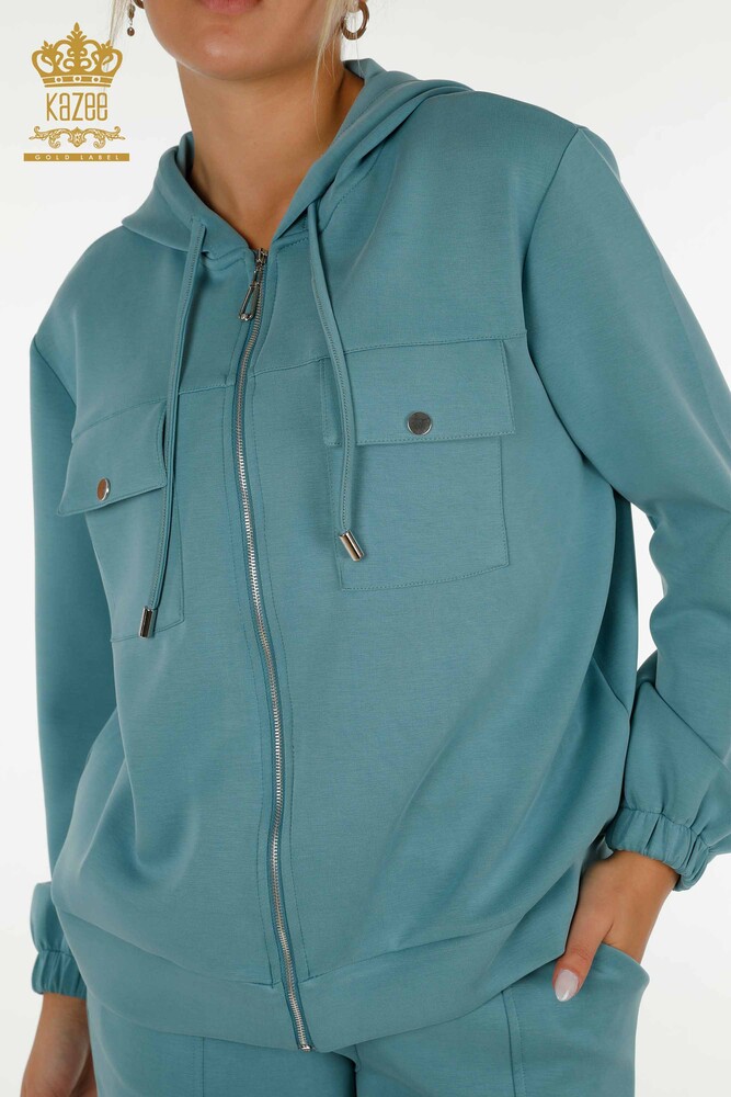 Wholesale Women's Tracksuit Set Zippered Buttoned Turquoise - 17620 | KAZEE - 3