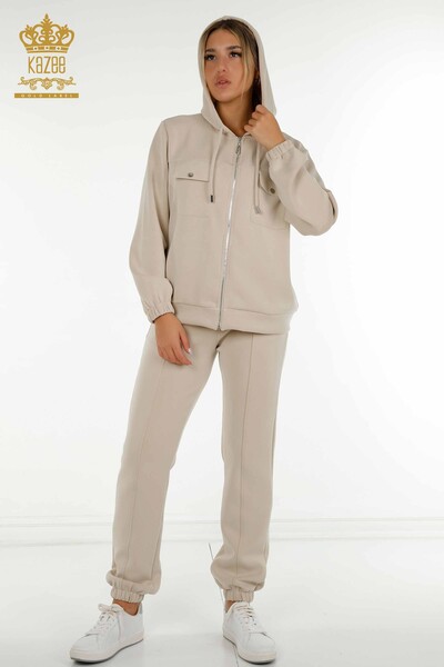 Wholesale Women's Tracksuit Set Zippered Buttoned Stone - 17620 | KAZEE - 2