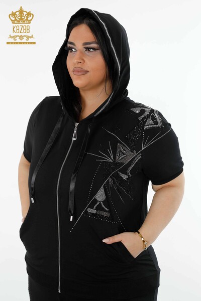 Wholesale Women's Tracksuit Set Stone Embroidered Black - 17395 | KAZEE - Thumbnail