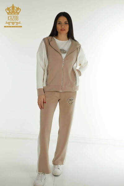 Wholesale Women's Triple Tracksuit Set Hooded Beige - 17617 | KAZEE - Kazee