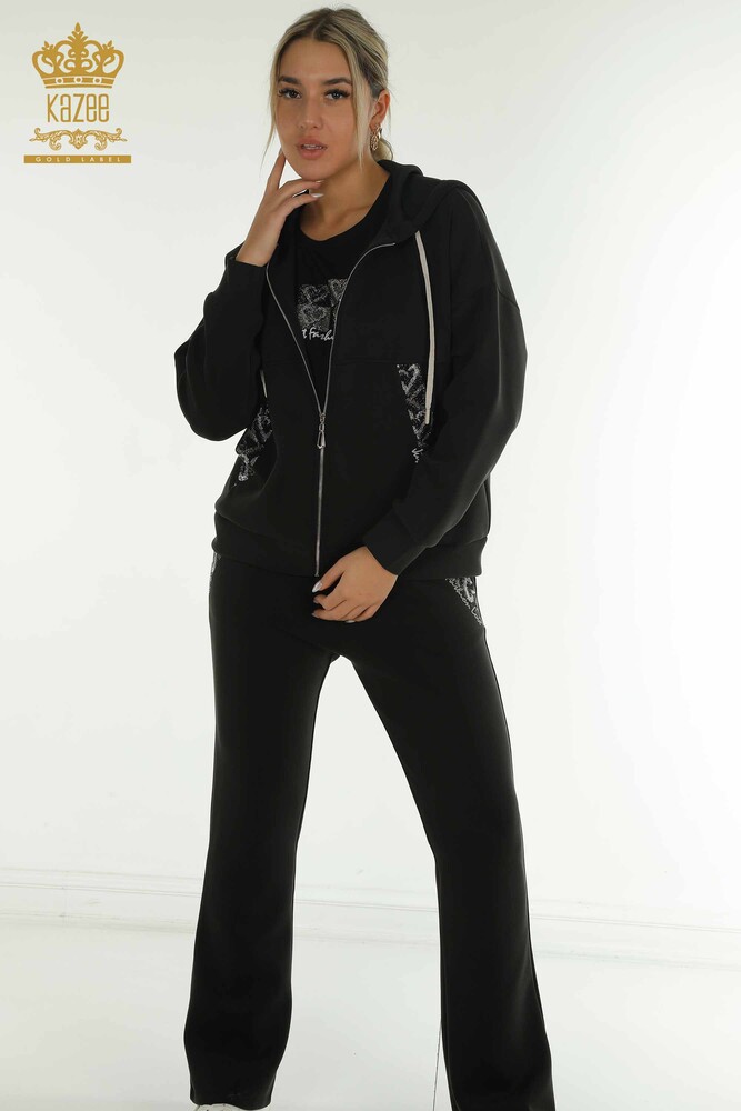 Wholesale Women's Triple Tracksuit Set Hooded Black - 17616 | KAZEE - 1