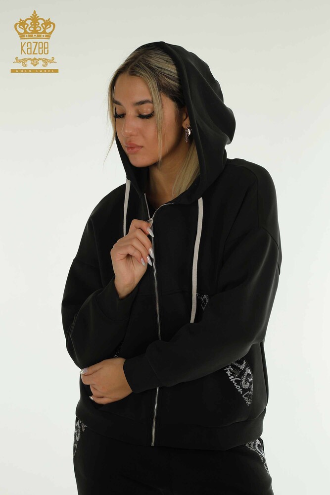 Wholesale Women's Triple Tracksuit Set Hooded Black - 17616 | KAZEE - 2