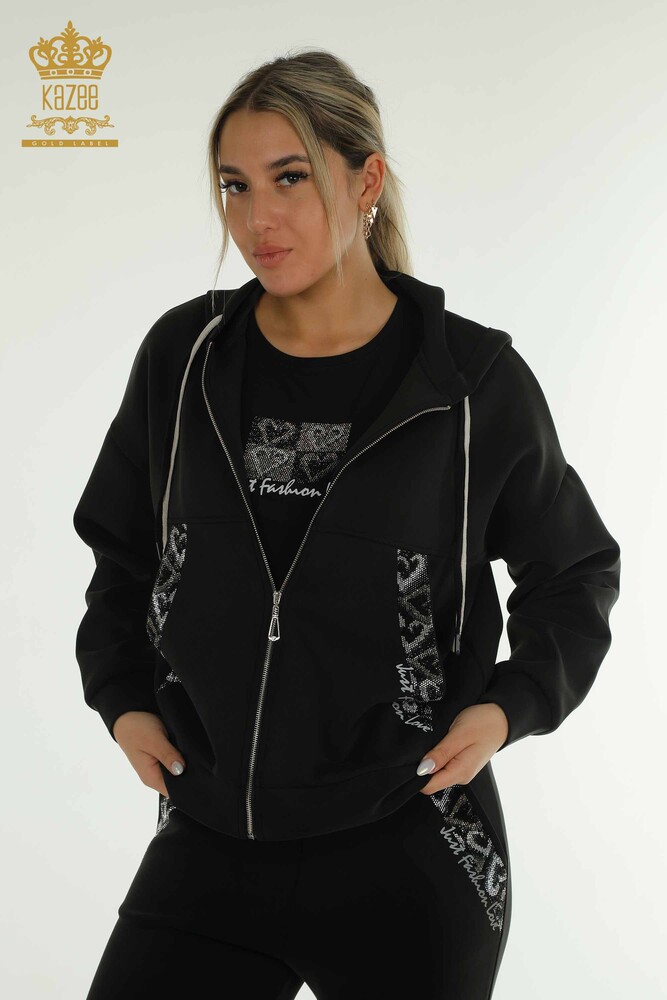 Wholesale Women's Triple Tracksuit Set Hooded Black - 17616 | KAZEE - 3