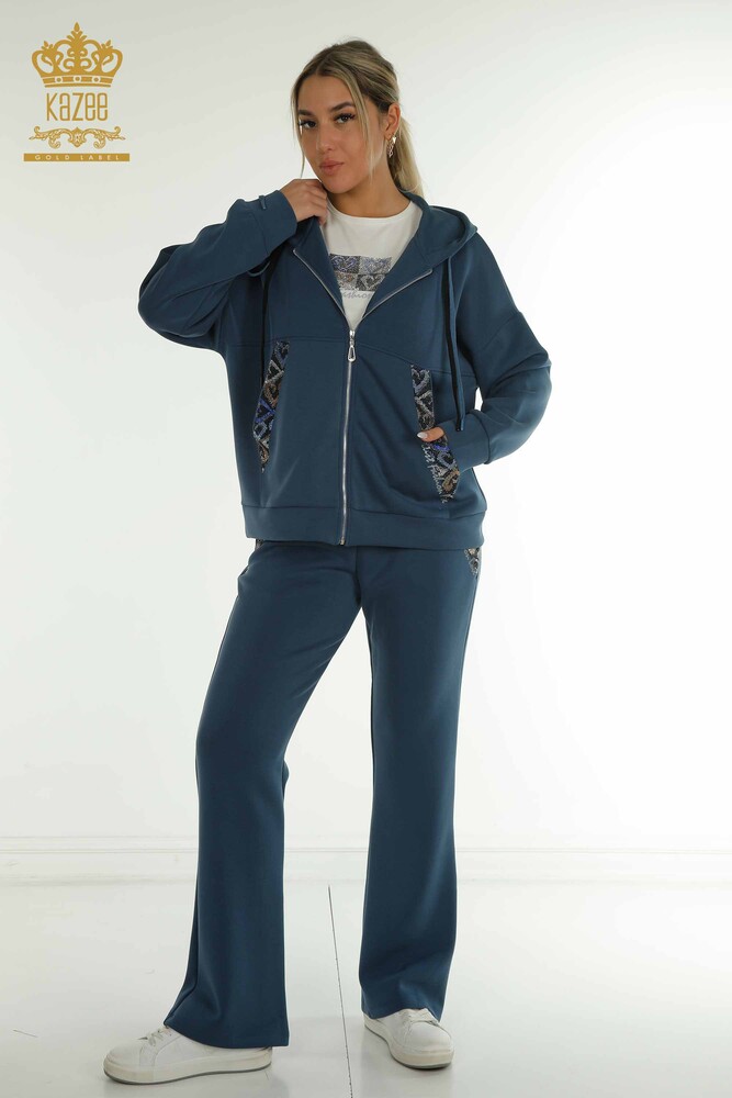 Wholesale Women's Triple Tracksuit Set Hooded Indigo - 17616 | KAZEE - 1