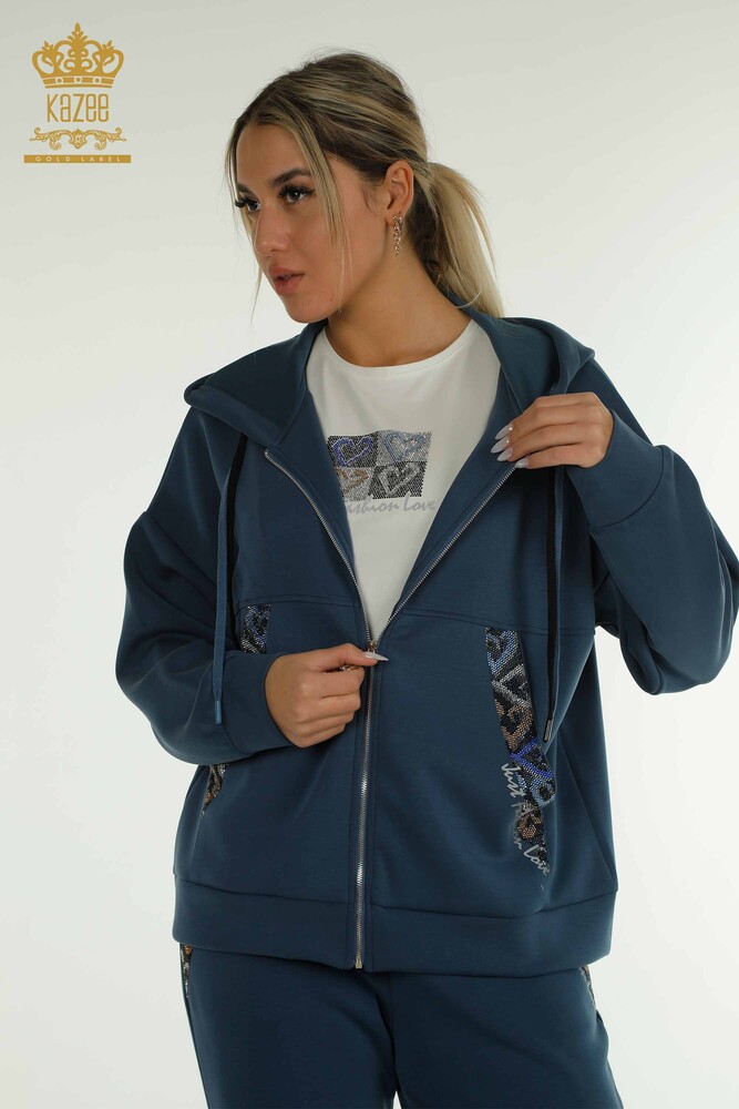 Wholesale Women's Triple Tracksuit Set Hooded Indigo - 17616 | KAZEE - 3