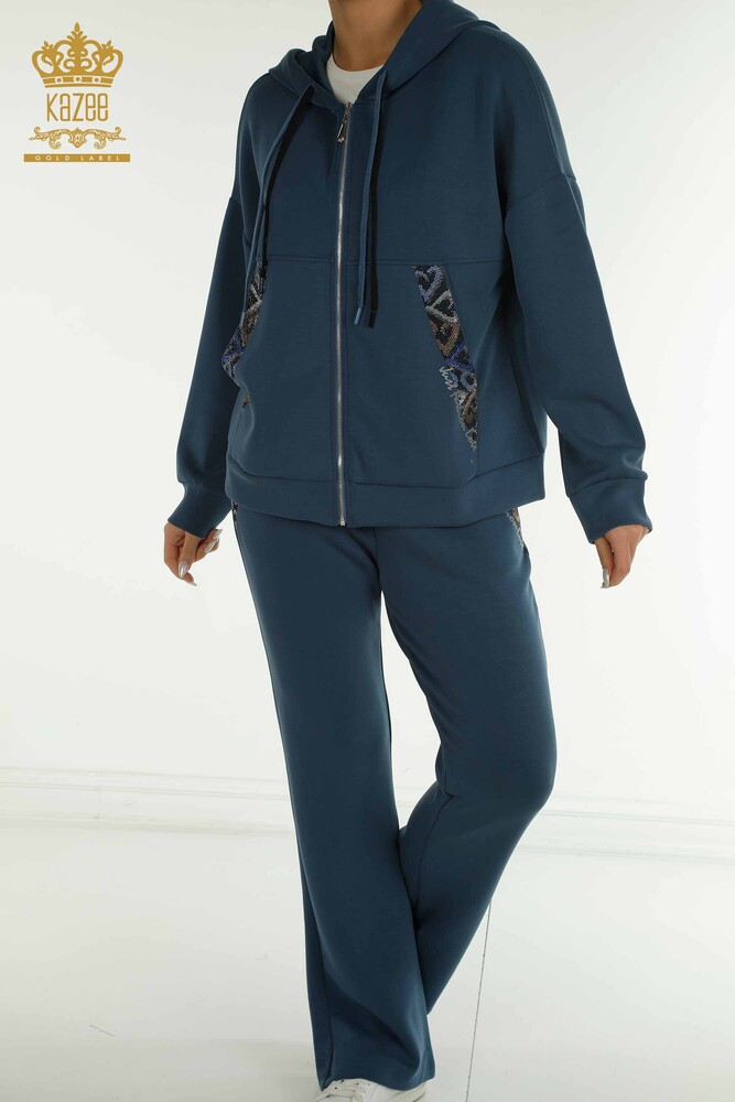 Wholesale Women's Triple Tracksuit Set Hooded Indigo - 17616 | KAZEE - 4