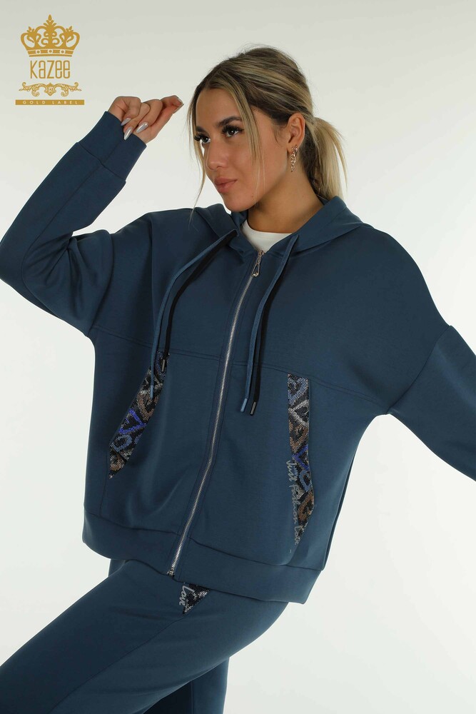 Wholesale Women's Triple Tracksuit Set Hooded Indigo - 17616 | KAZEE - 5