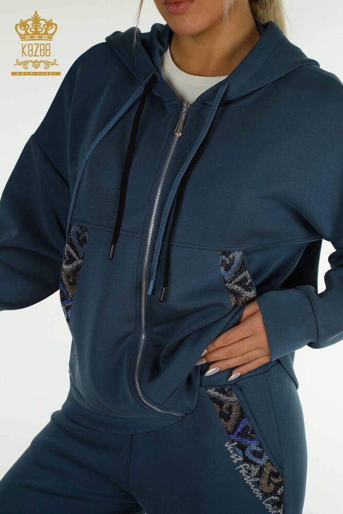 Wholesale Women's Triple Tracksuit Set Hooded Indigo - 17616 | KAZEE - 6