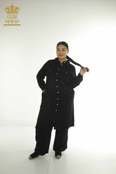 S&M - Wholesale Women's Two-piece Suit with Slit Detail, Black - 2402-211684 | S&M