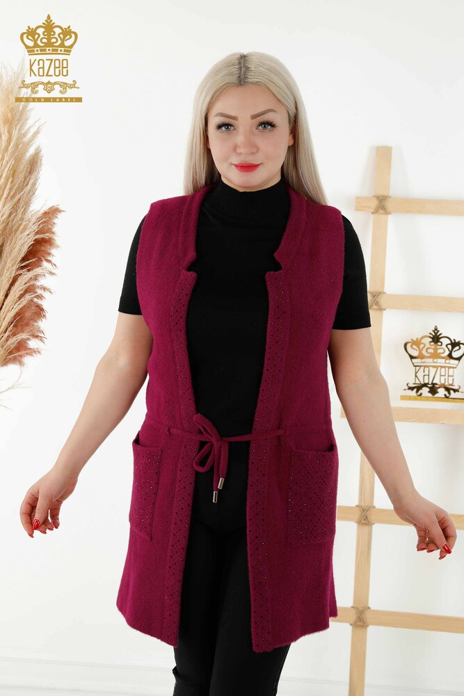 Wholesale Women's Waistcoat Pockets Tied Rope Plum - 30246 | KAZEE - 1