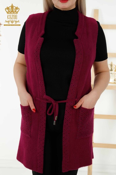 Wholesale Women's Waistcoat Pockets Tied Rope Plum - 30246 | KAZEE - 2