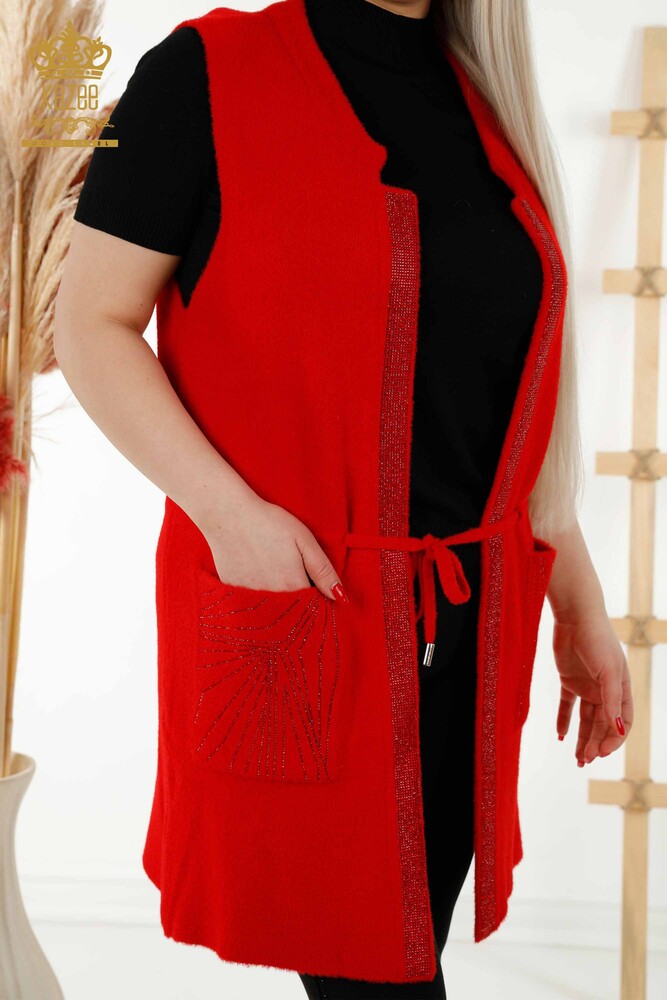 Wholesale Women's Waistcoat - Stone Embroidered - Tied Rope - Red - 30244 | KAZEE - 2