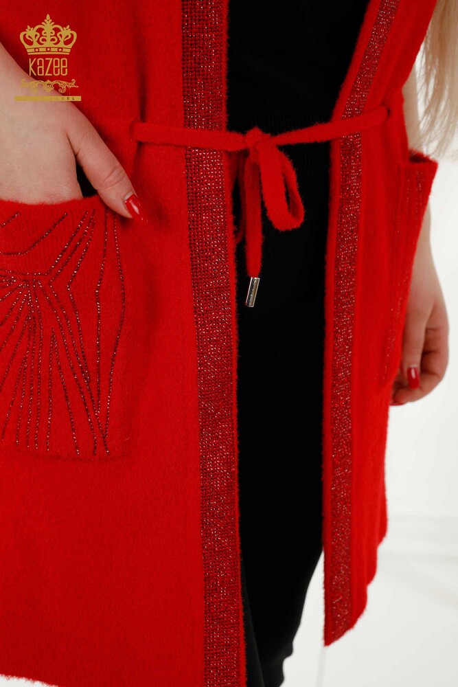 Wholesale Women's Waistcoat - Stone Embroidered - Tied Rope - Red - 30244 | KAZEE - 5